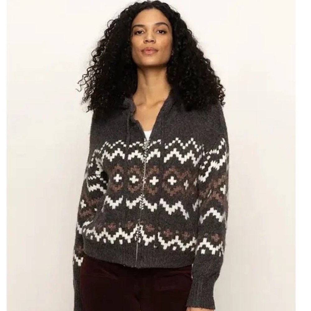 Sanctuary Sweater Knit Full Zip Fair Isle Hood Cardigan Nordic